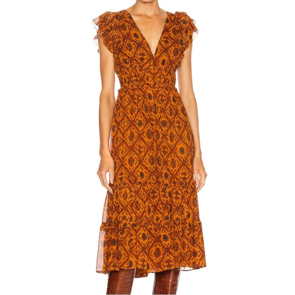 Ulla Johnson Anika Printed Midi Silk Dress Burnt Orange Ochre